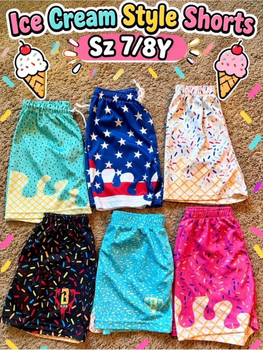 (6) Ice Cream Style Shorts- Size Youth Small 7/8